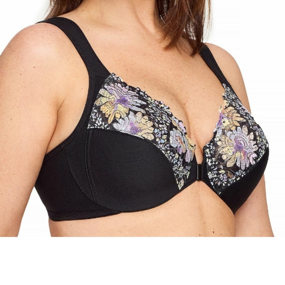 EUC Glamorise Black and Pastel Floral Full-Coverage Bra 46H Front Close #5765